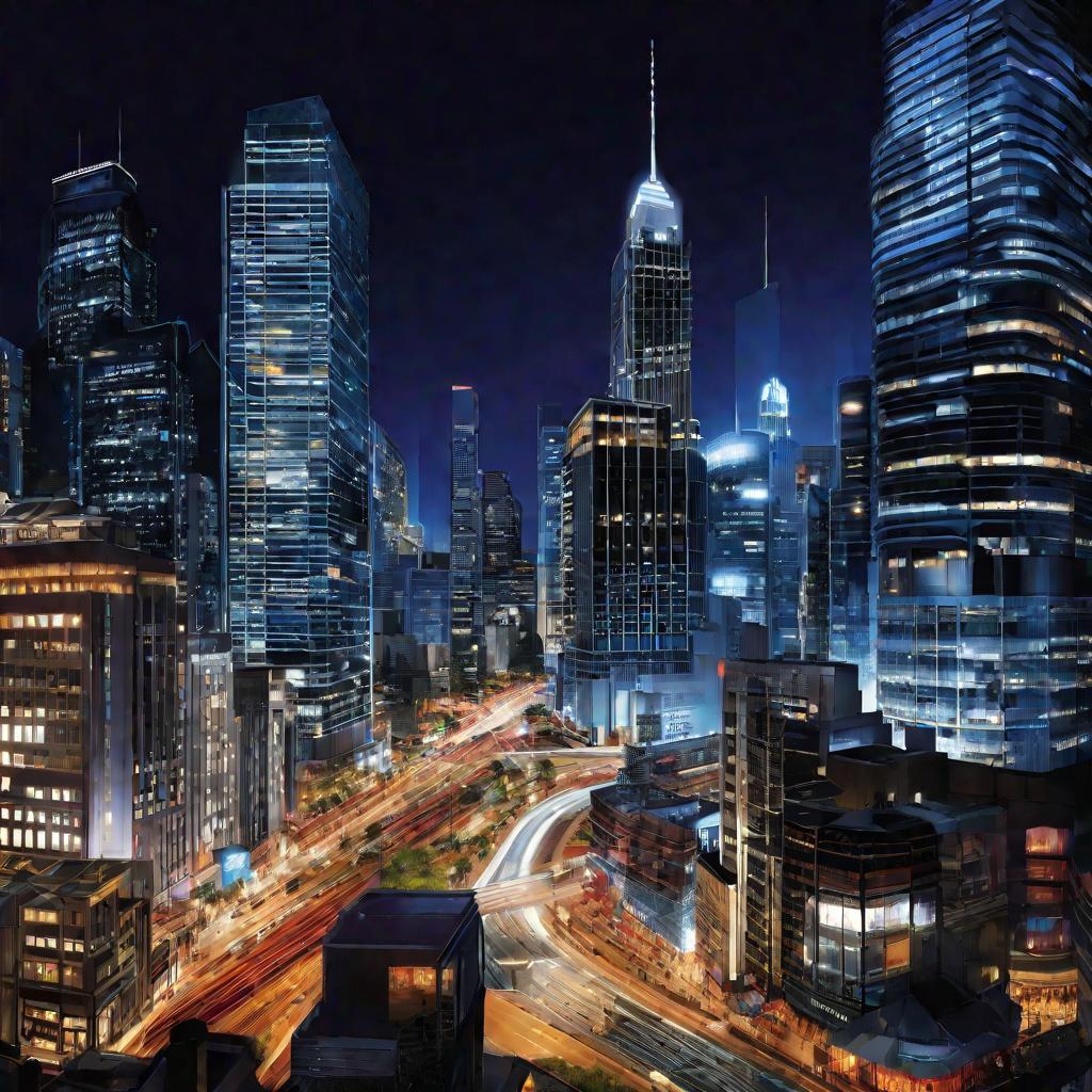 Ночной городской пейзаж с небоскребами и освещенными зданиями