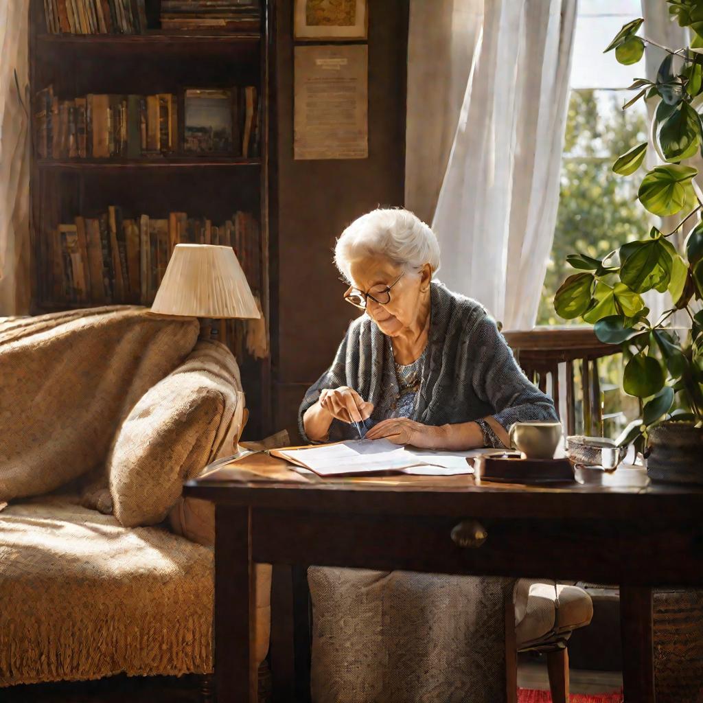 Пожилая женщина сидит за небольшим деревянным столом в уютной гостиной, внимательно просматривая какие-то бумаги и заполняя от руки налоговую декларацию. На ней надеты очки для чтения, в руке она держит ручку, сосредоточенно глядя на документы перед собой
