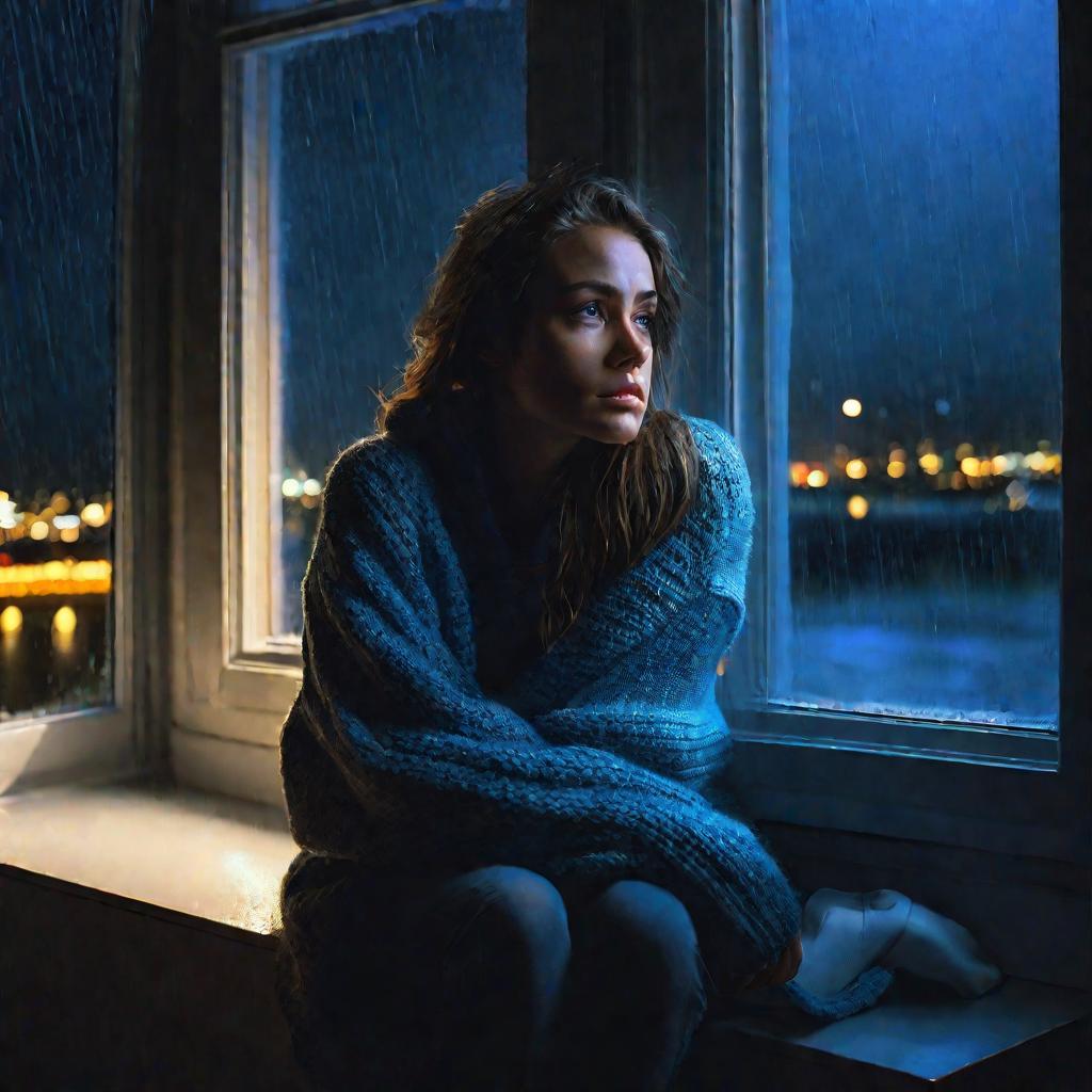 Грустная девушка сидит на подоконнике ночью во время дождя