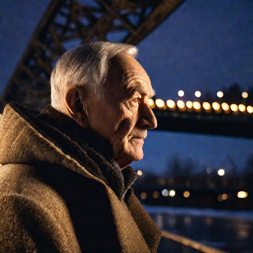 Портрет пожилого мужчины на мосту зимой