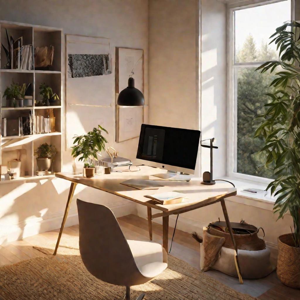 Солнечный домашний офис с ноутбуком и флешкой в нем