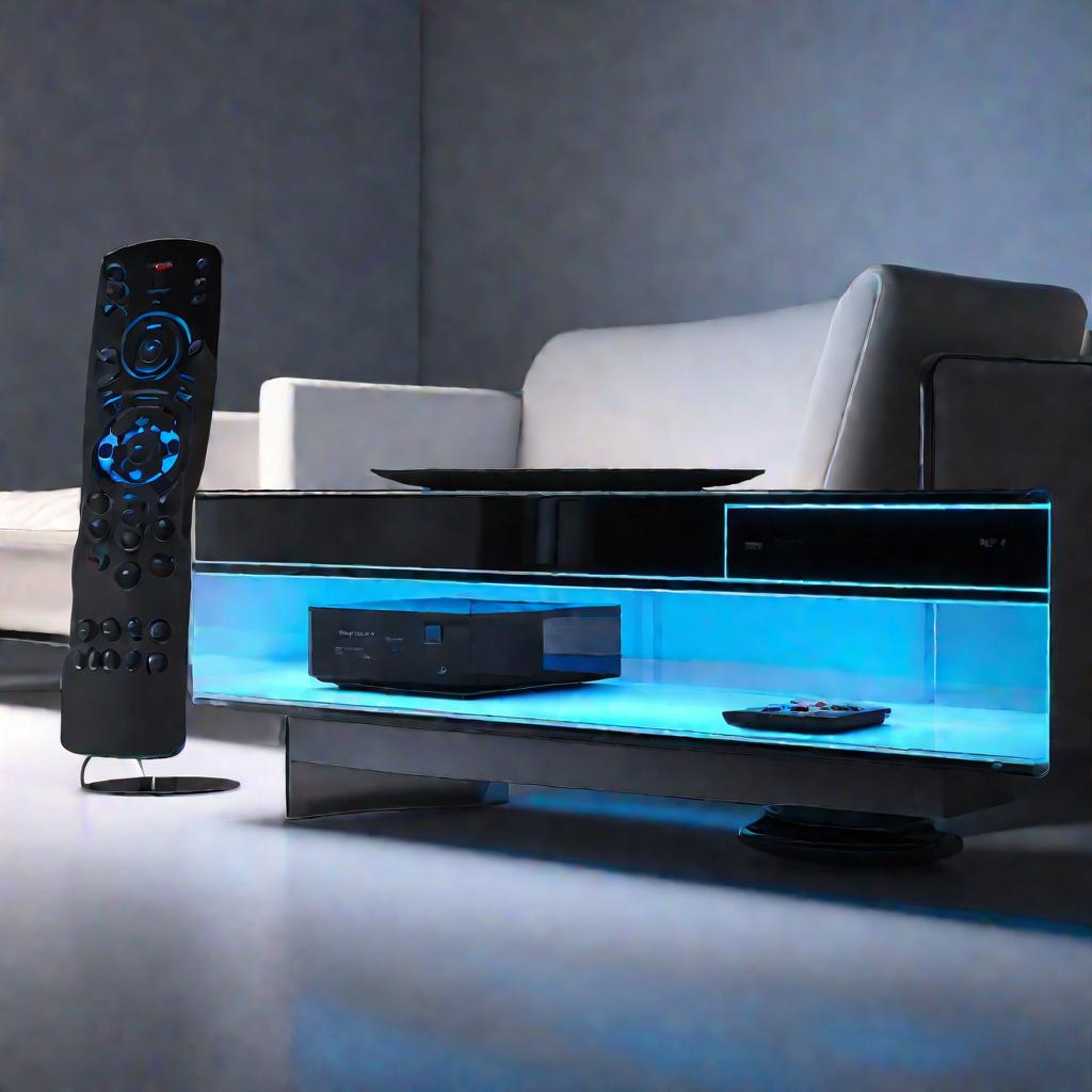 Современный цветной ресивер Триколор ТВ на стеклянном столике с голубой подсветкой.