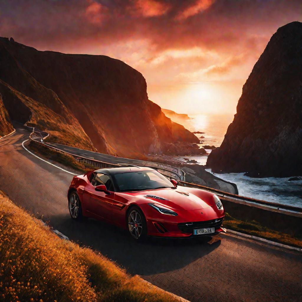 Широкий пейзаж: морское побережье в тумане. На переднем плане едет красный спортивный автомобиль. На заднем плане скалистые утесы освещены заходящим солнцем.