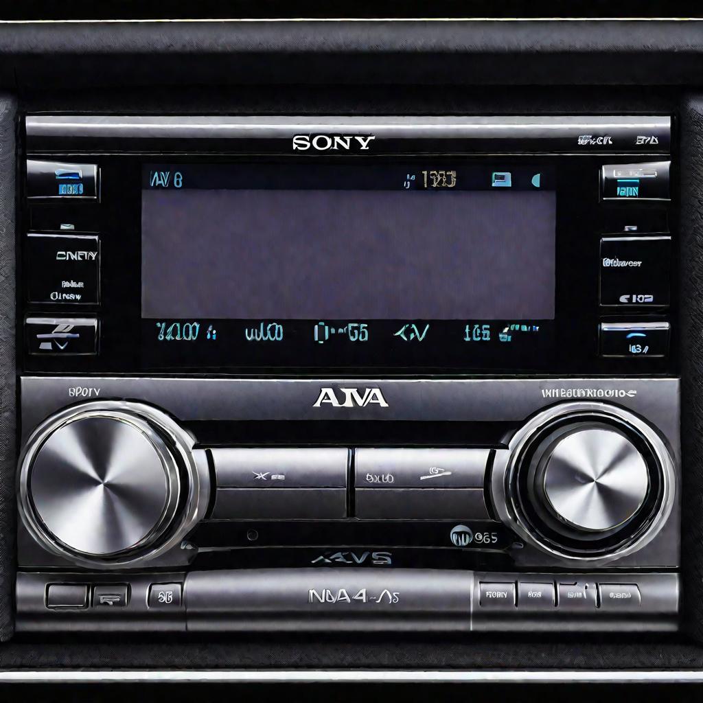 Крупный план магнитолы Sony XAV-65, снятой с панели автомобиля. Изображена на черном фоне, освещена мягким светом сбоку.