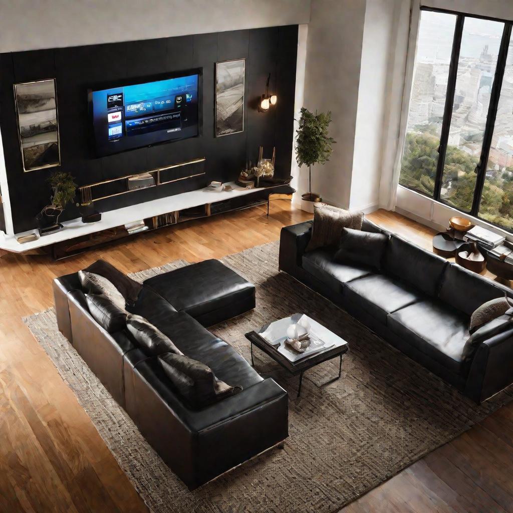 Гостиная с большим телевизором на стене и антенным кабелем