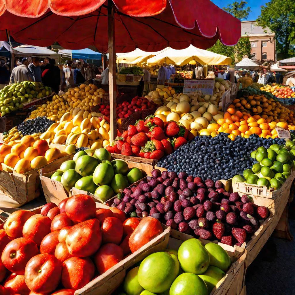 Разноцветные фрукты и овощи на яркой фруктовой витрине под солнцем
