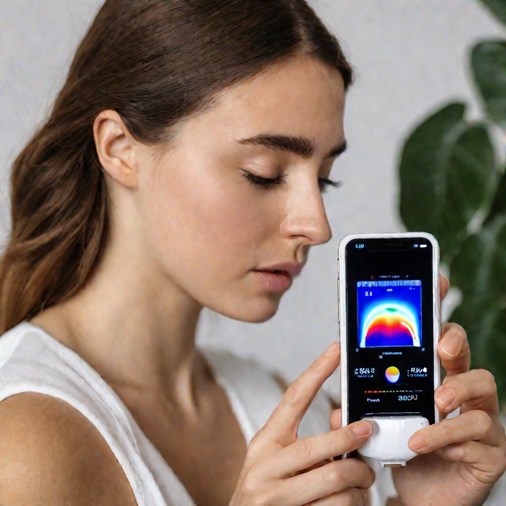 Девушка измеряет свою температуру с помощью тепловизора и iPhone