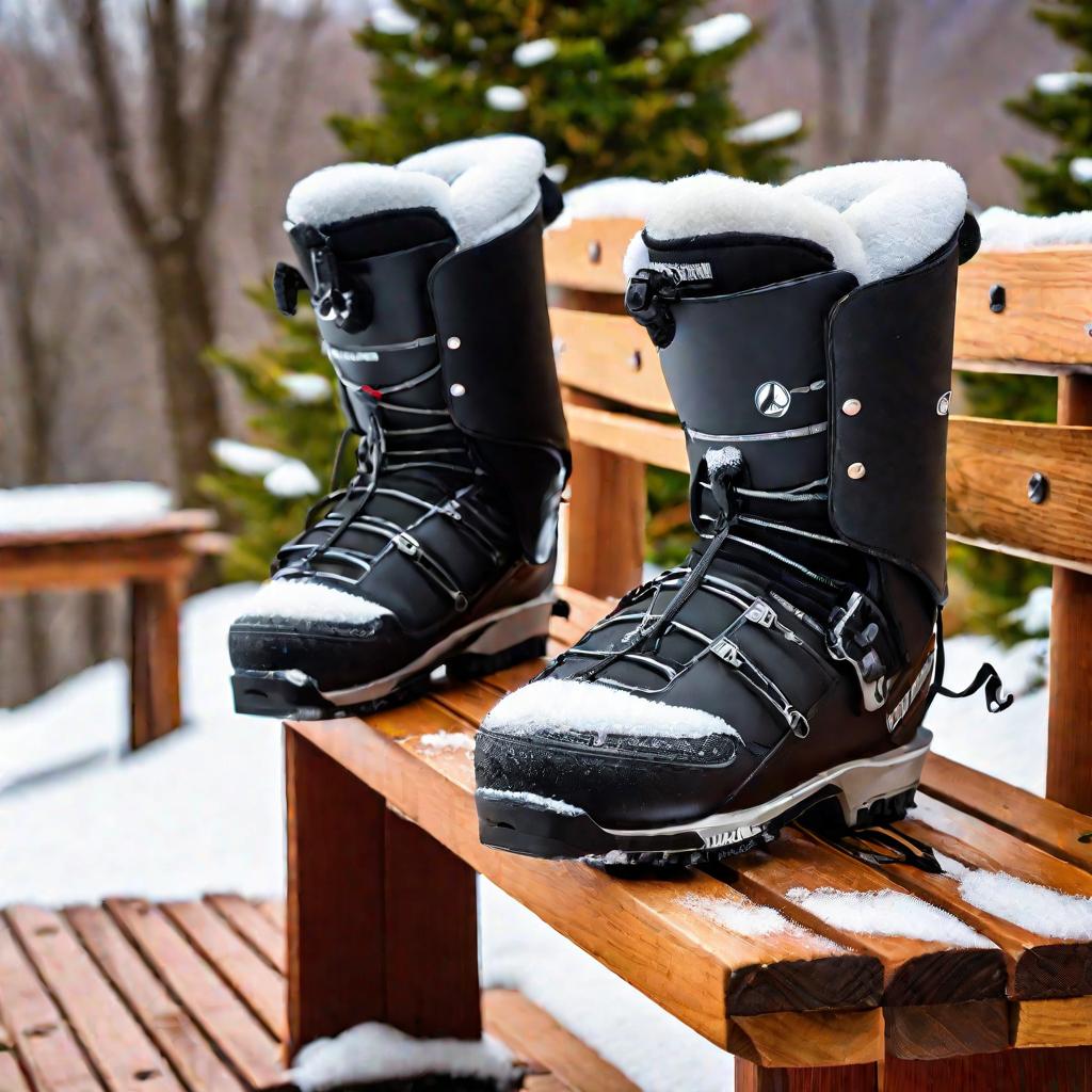 Черные горнолыжные ботинки на деревянной скамейке на фоне заснеженного зимнего пейзажа горного курорта.