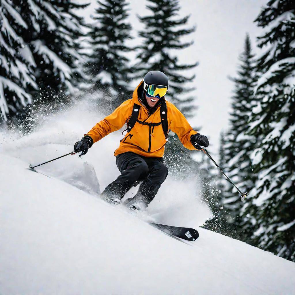 Яркие горнолыжные ботинки на ногах лыжника, делающего поворот на снежном склоне среди еловых деревьев.
