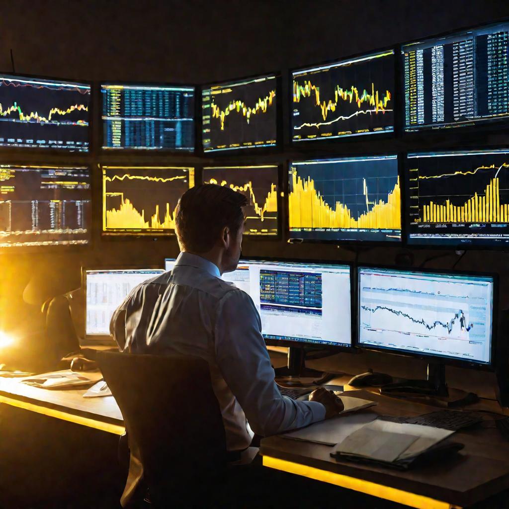 Инвестор анализирует данные на компьютере в офисе.