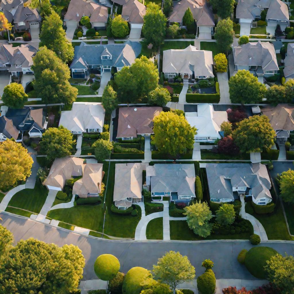 Вид сверху на пригород с домами и машинами. Страхование защищает имущество