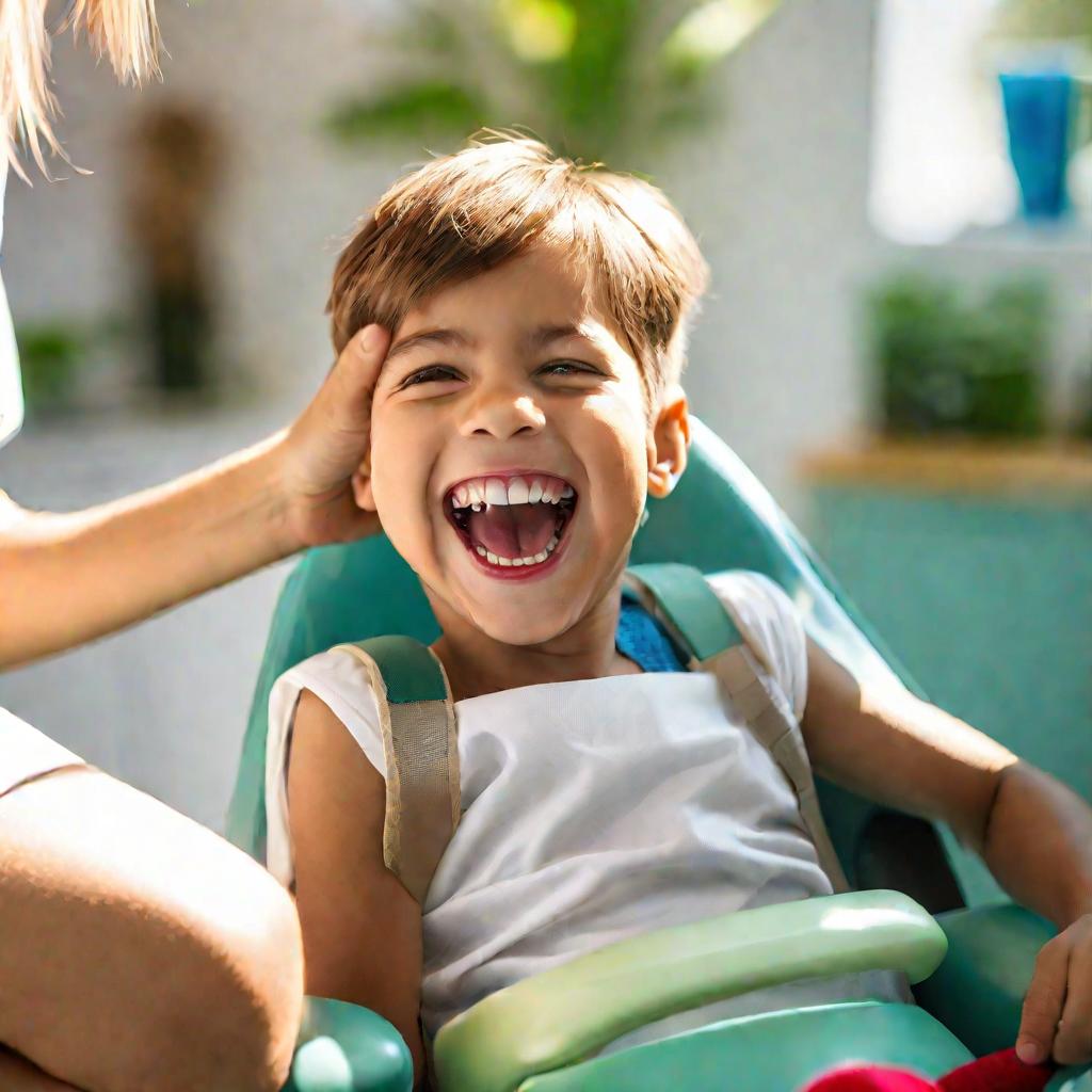 Мальчик смеется на приеме у детского стоматолога