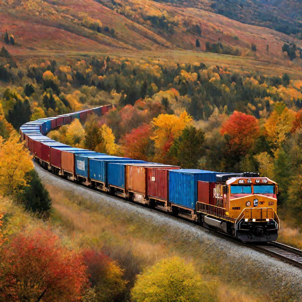 Контейнерный поезд осенью среди холмов