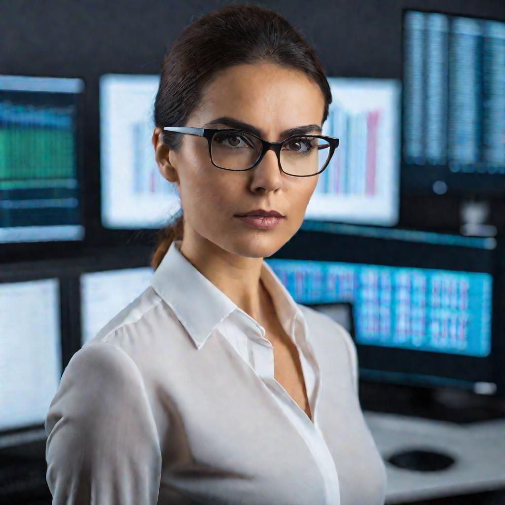 Портрет женщины в очках на фоне компьютерных мониторов