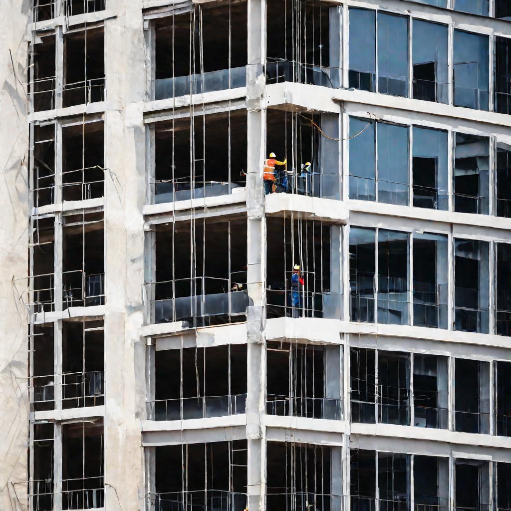 Рабочие монтируют окна в новостройке