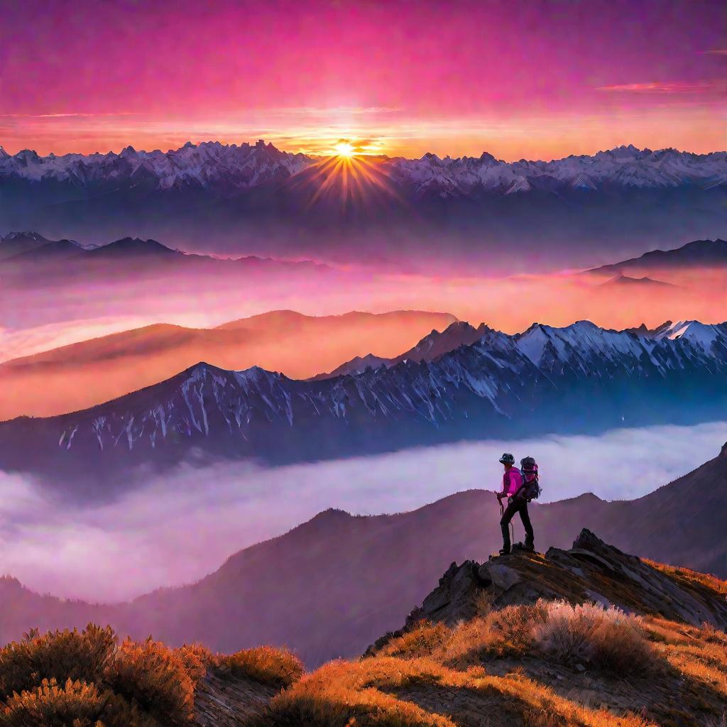 Панорама гор на рассвете, альпинист держит флешку