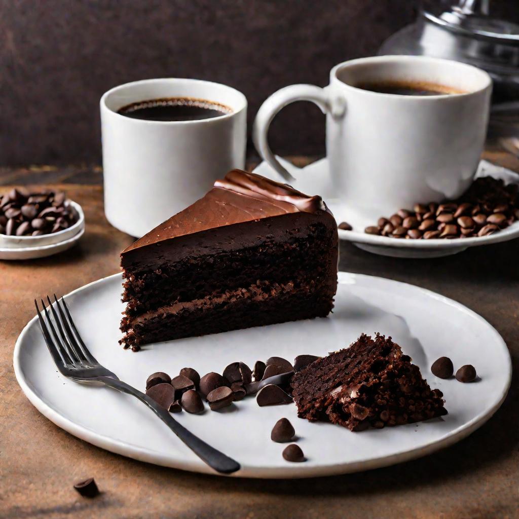 Кусок шоколадного торта с кофе