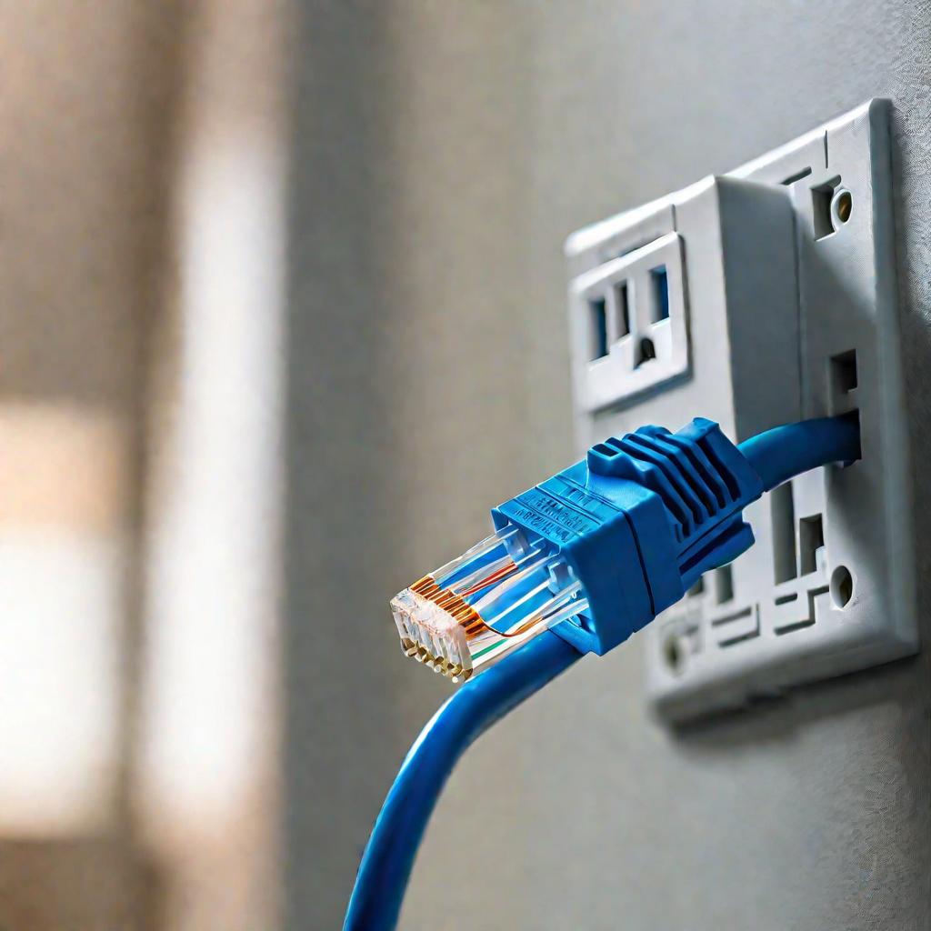 Крупный план вилки ethernet-кабеля, воткнутой в настенную розетку.