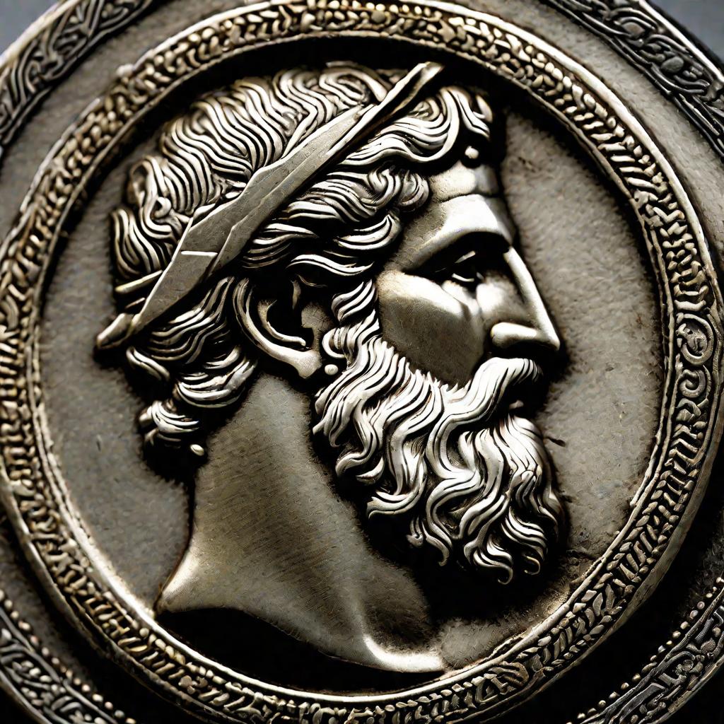 Крупным планом древняя серебряная греческая монета с изображением бородатого профиля Зевса.