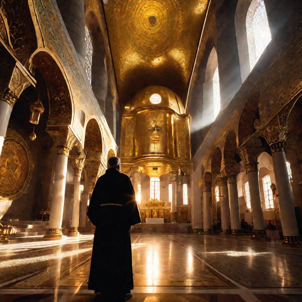 Солнечный свет озаряет величественный византийский собор с позолоченными мозаиками, мраморными колоннами и подвесными масляными лампами. На переднем плане бородатый священник в богатых одеждах держит сверкающую золотую монету.