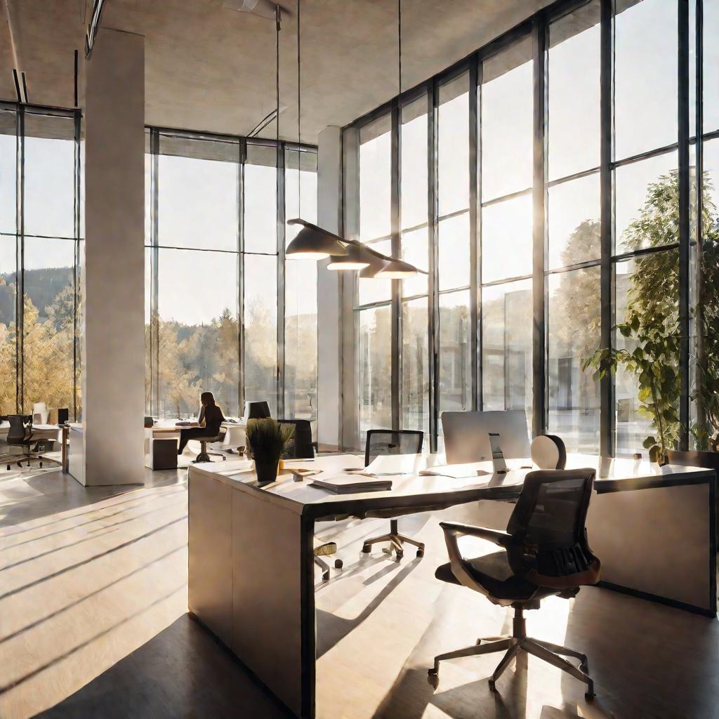 Вид интерьера современного офиса со стеклянными стенами и мебелью в скандинавском стиле. В кадре женщина в деловой одежде, изучающая архитектурные планы, разложенные на большом столе. Через окна проникает солнечный свет, освещая минималистичное пространст