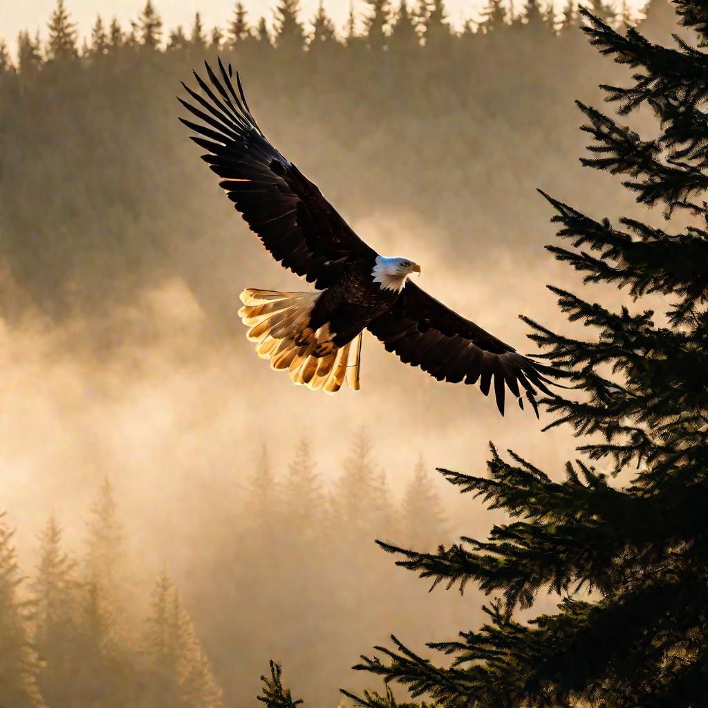 Одинокий орел парит над туманным хвойным лесом на рассвете.