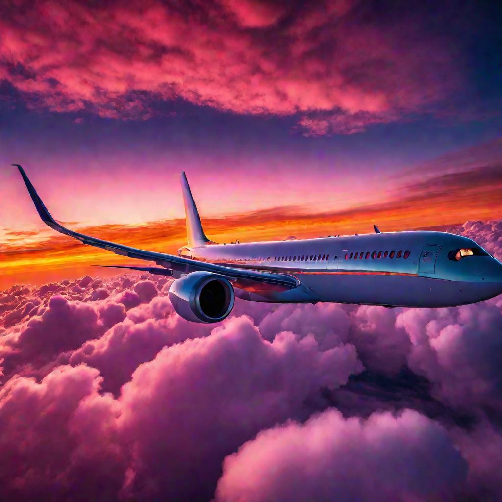 Самолет летит над облаками на закате
