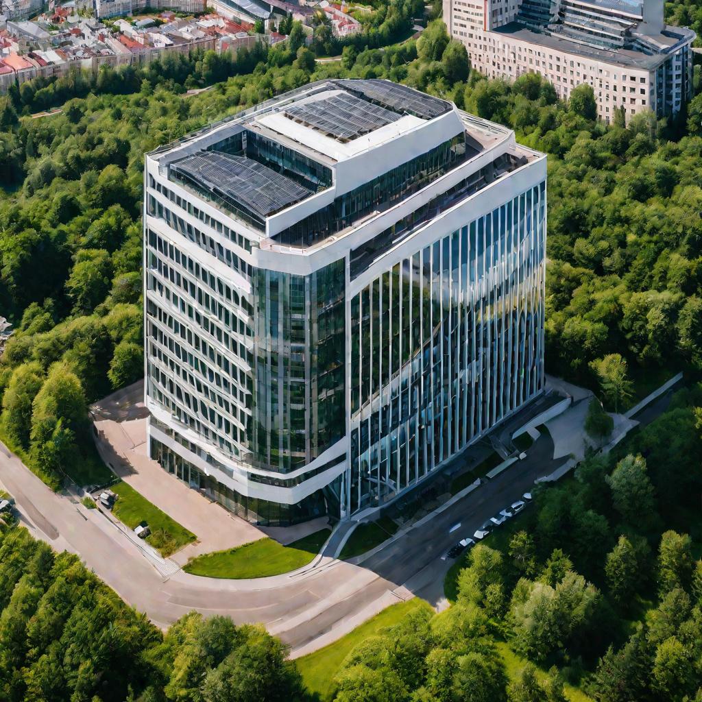 Вид сверху на летний солнечный день на большое 5-этажное здание офиса Росгосстраха.