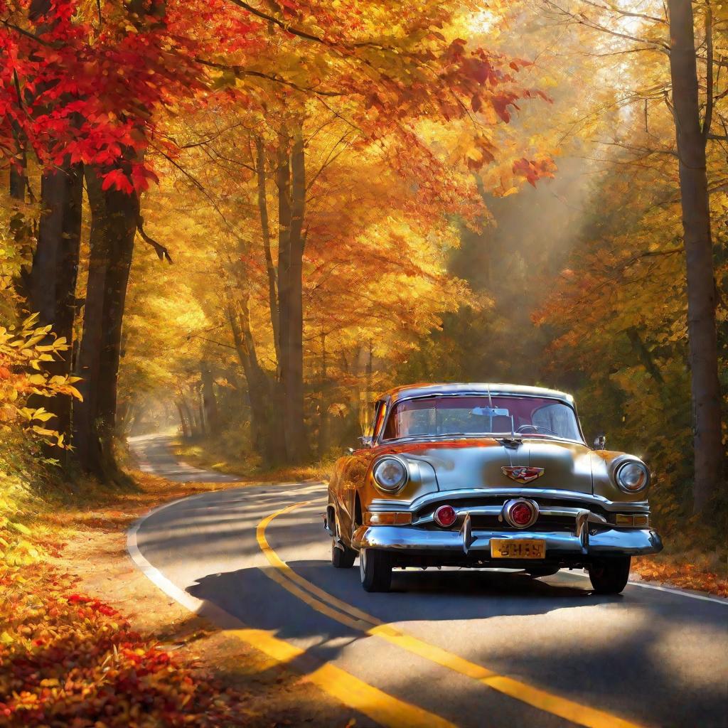 Фото старого автомобиля, едущего по сельской дороге осенью
