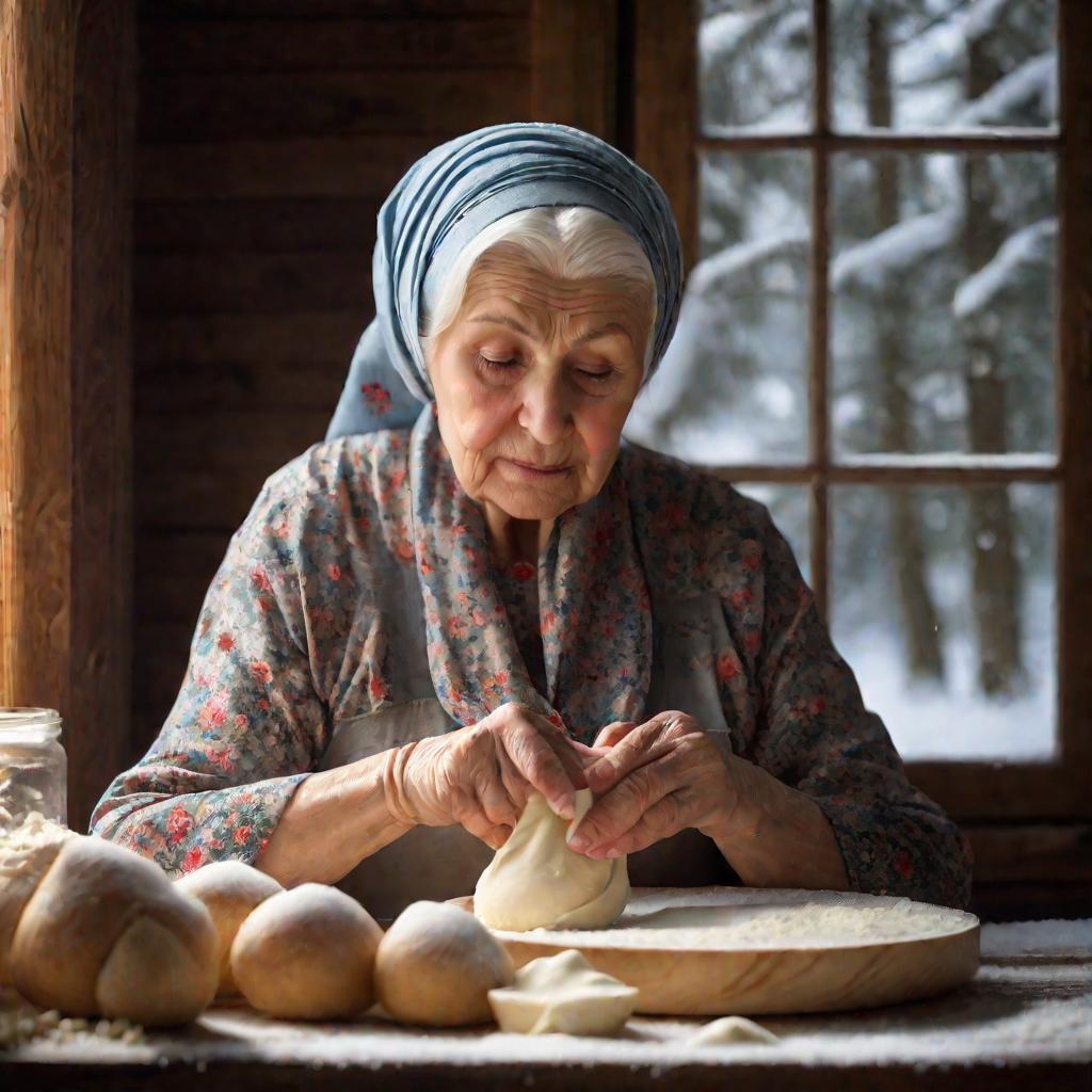 Бабушка месит тесто