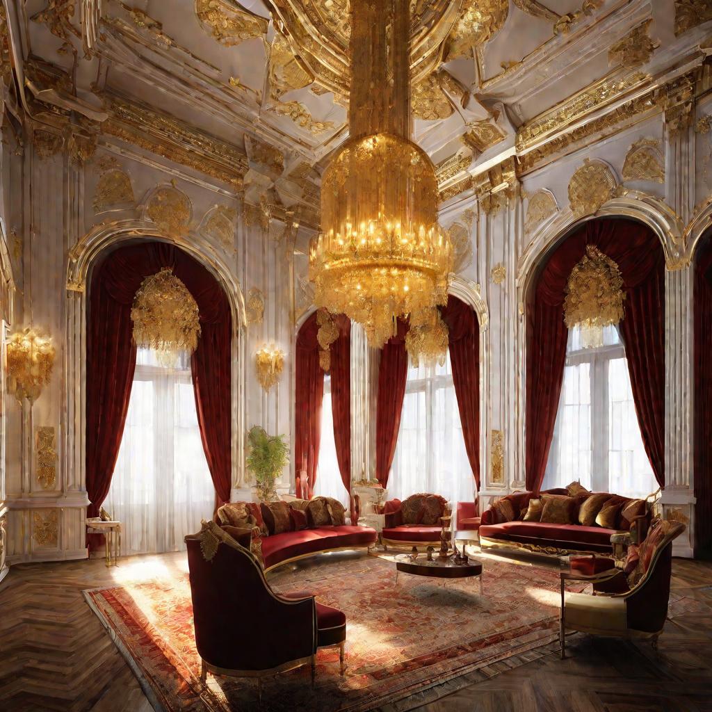 Роскошный зал в старинном русском дворце с мраморными колоннами и позолоченными люстрами