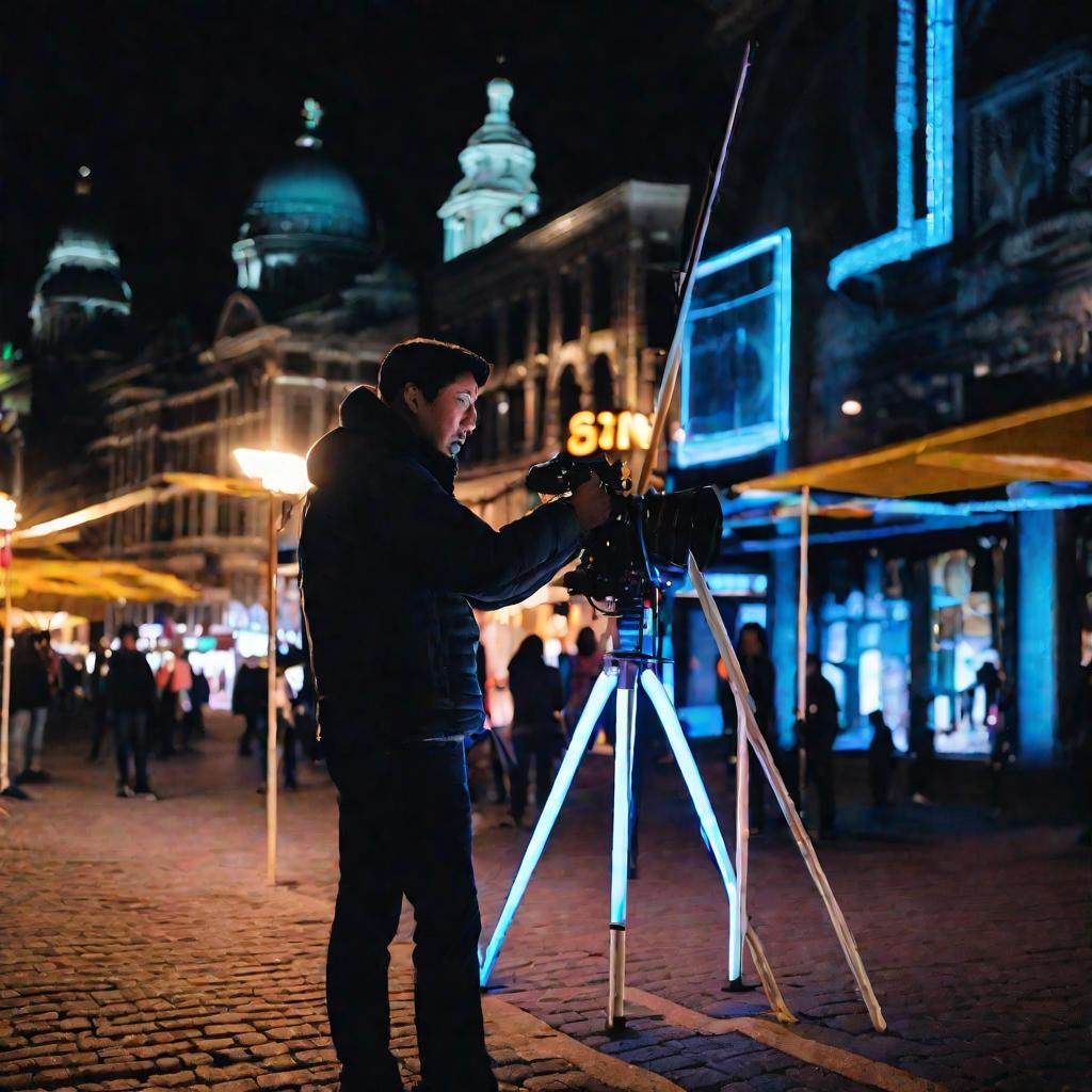 Фотограф на фоне ночного города собирает штатив из ПВХ труб