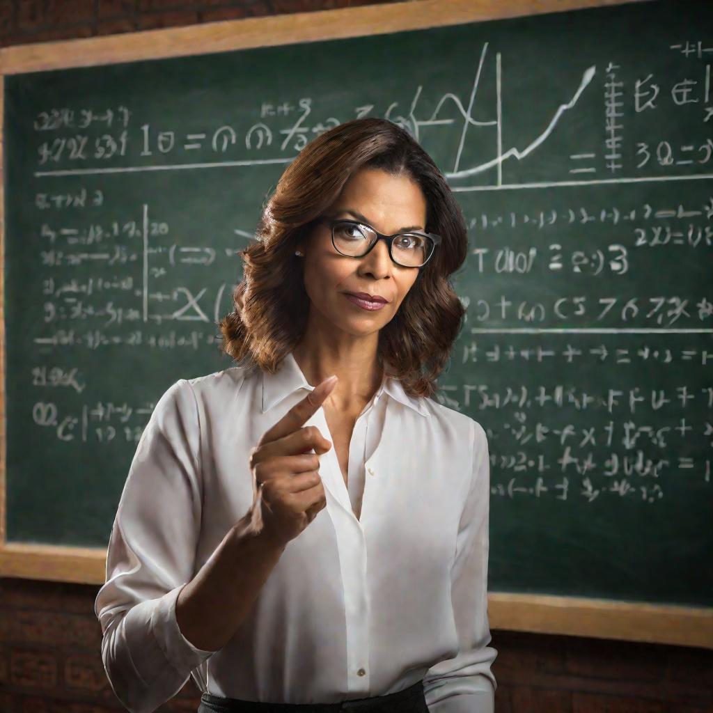 Портрет женщины-преподавателя у доски с математическими формулами.