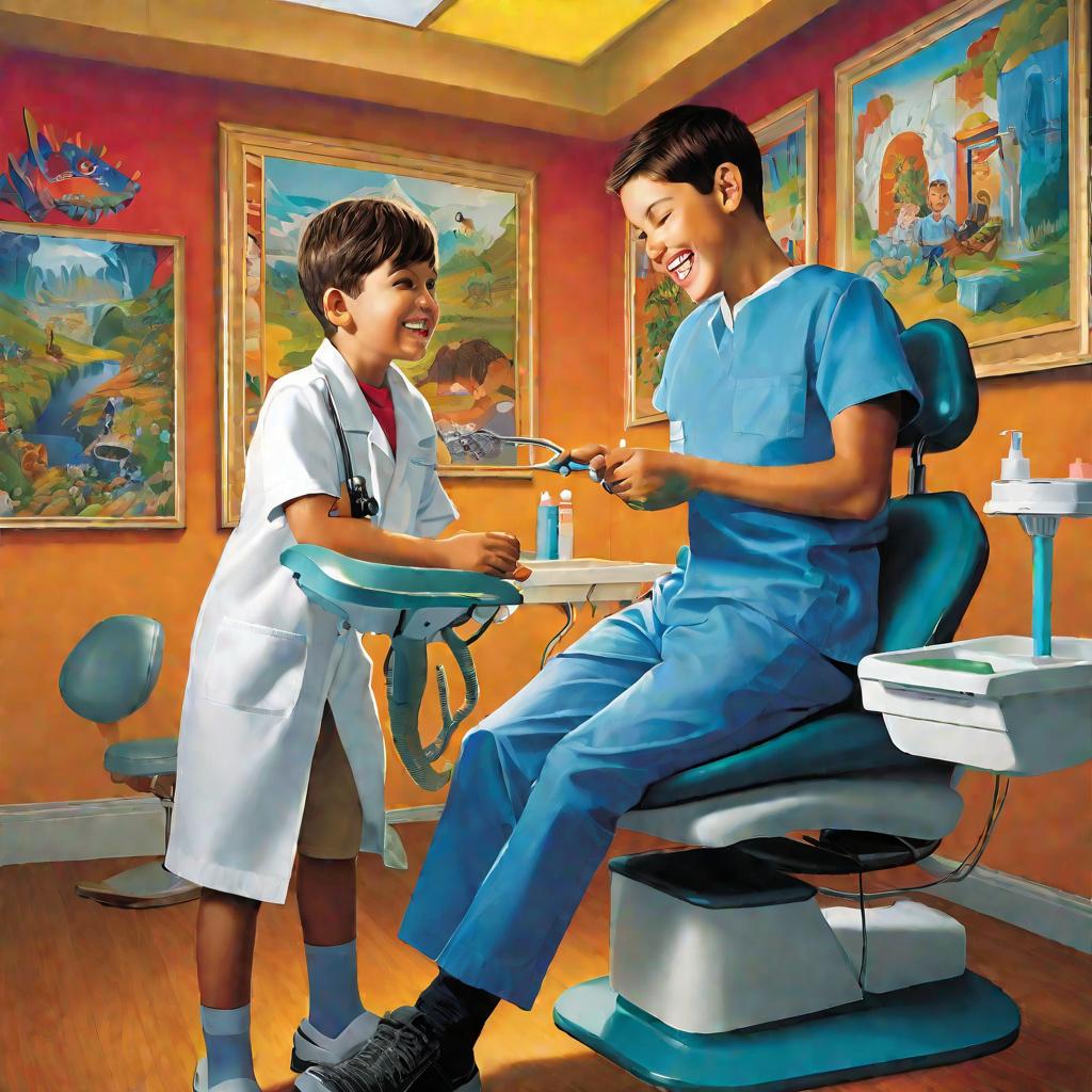 Мальчик сидит в кресле у стоматолога, который осматривает его зубы. Мальчик выглядит спокойным и не боится.