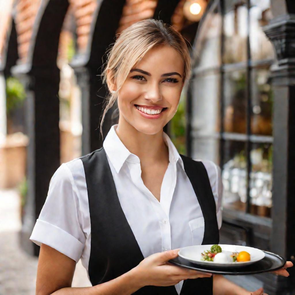 Портрет улыбающейся официантки с подносом у входа в кафе