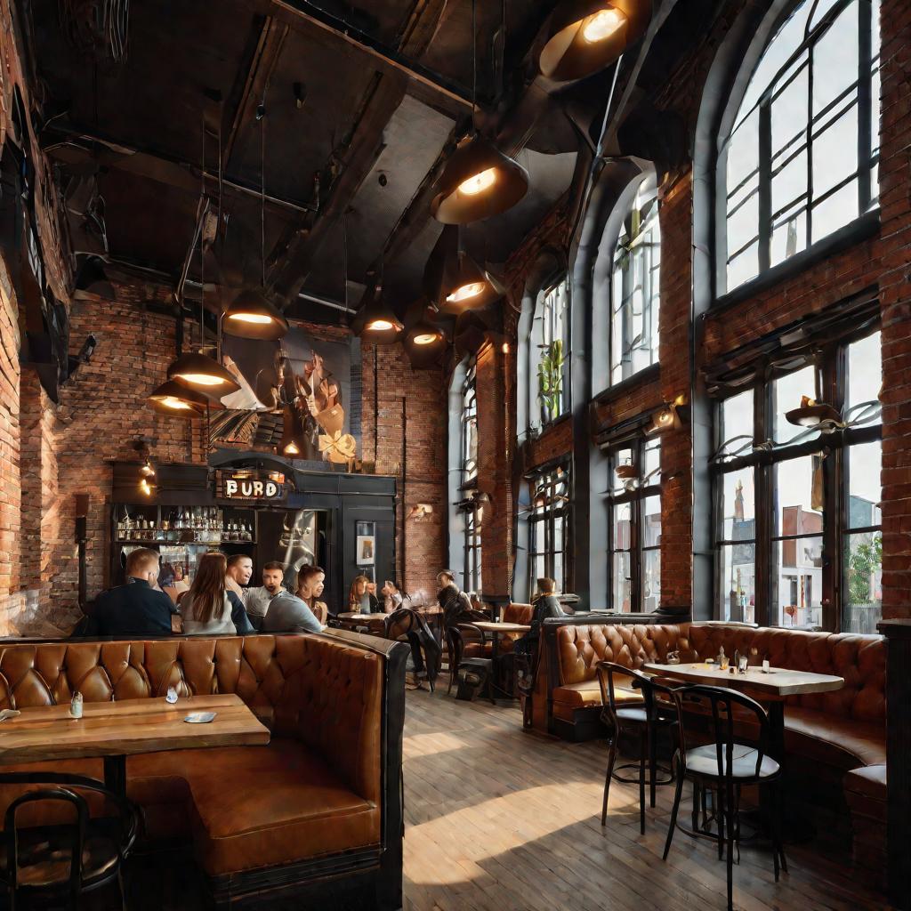 Фото светлого просторного интерьера Wilson pub в Краснодаре с молодежью за обедом