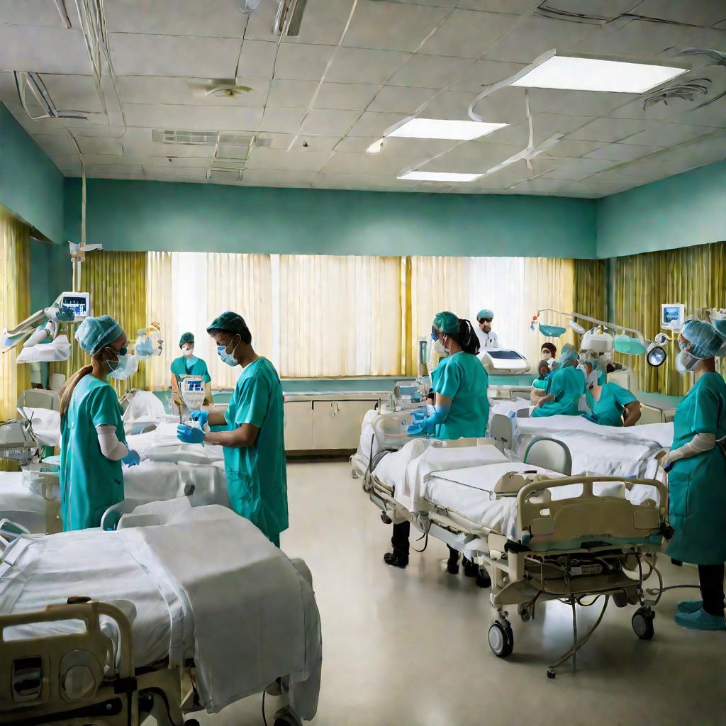 Оживленная больничная палата с многочисленными кроватями, врачами и медсестрами, осматривающими пациентов.