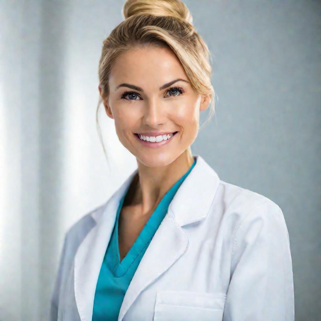 Портрет улыбающейся врача-стоматолога в белом халате.
