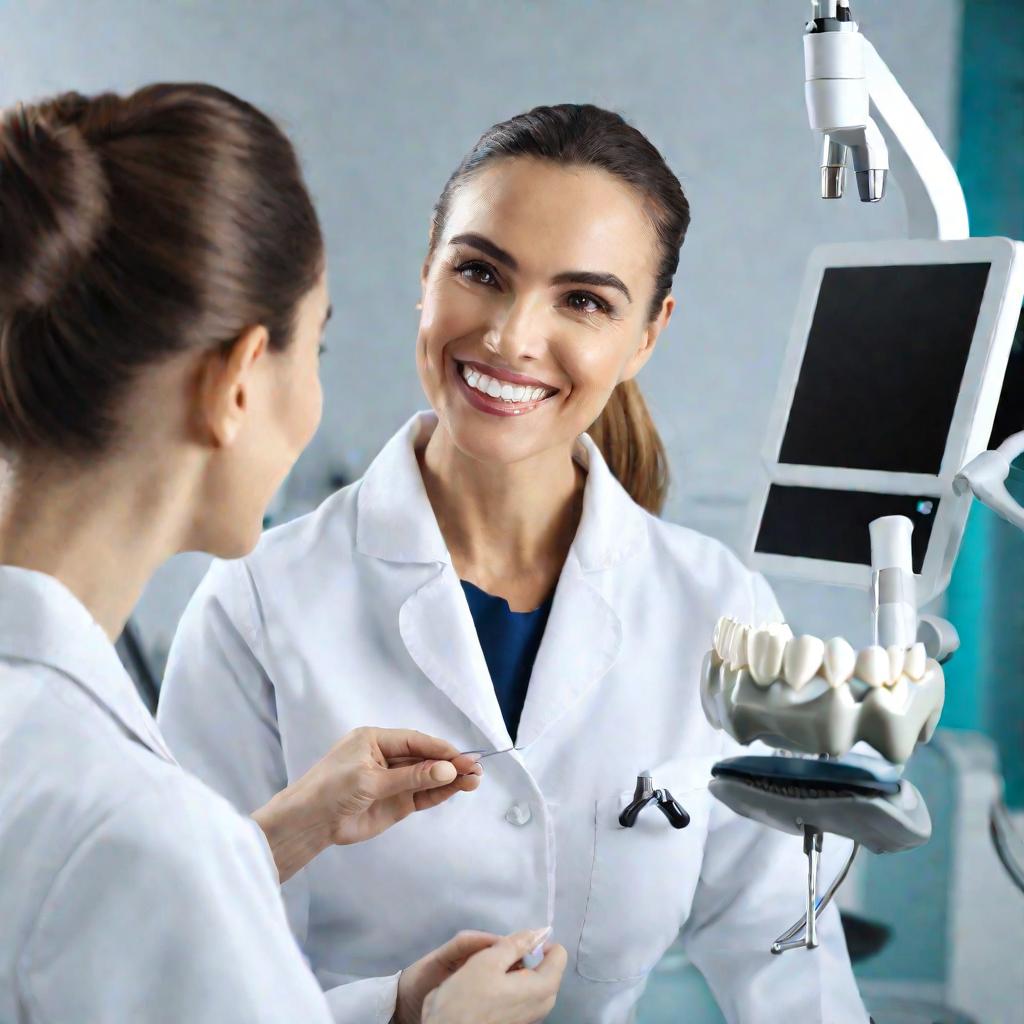 Крупным планом женщина-стоматолог в белом халате осматривает зубы пациента.