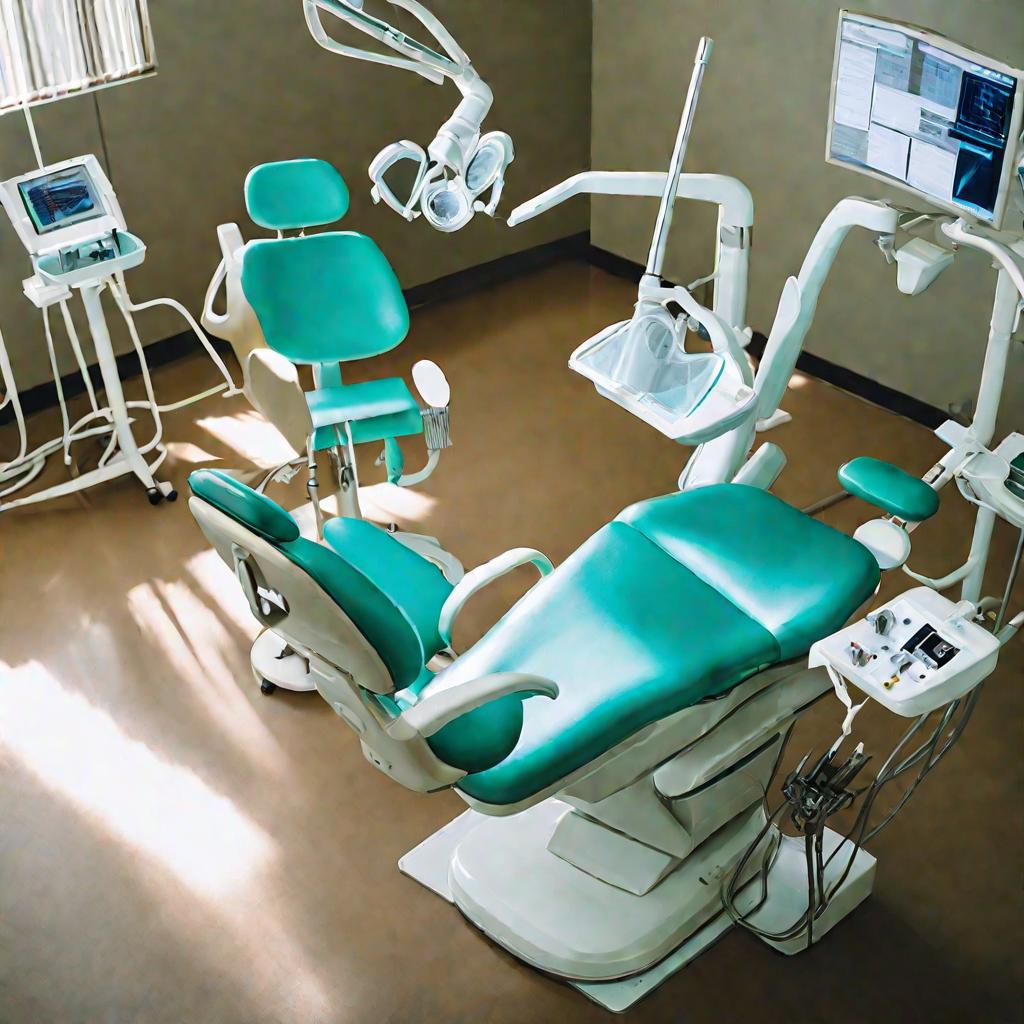 Сверху стоматологическое кресло, где стоматолог делает пациентке анестезию.