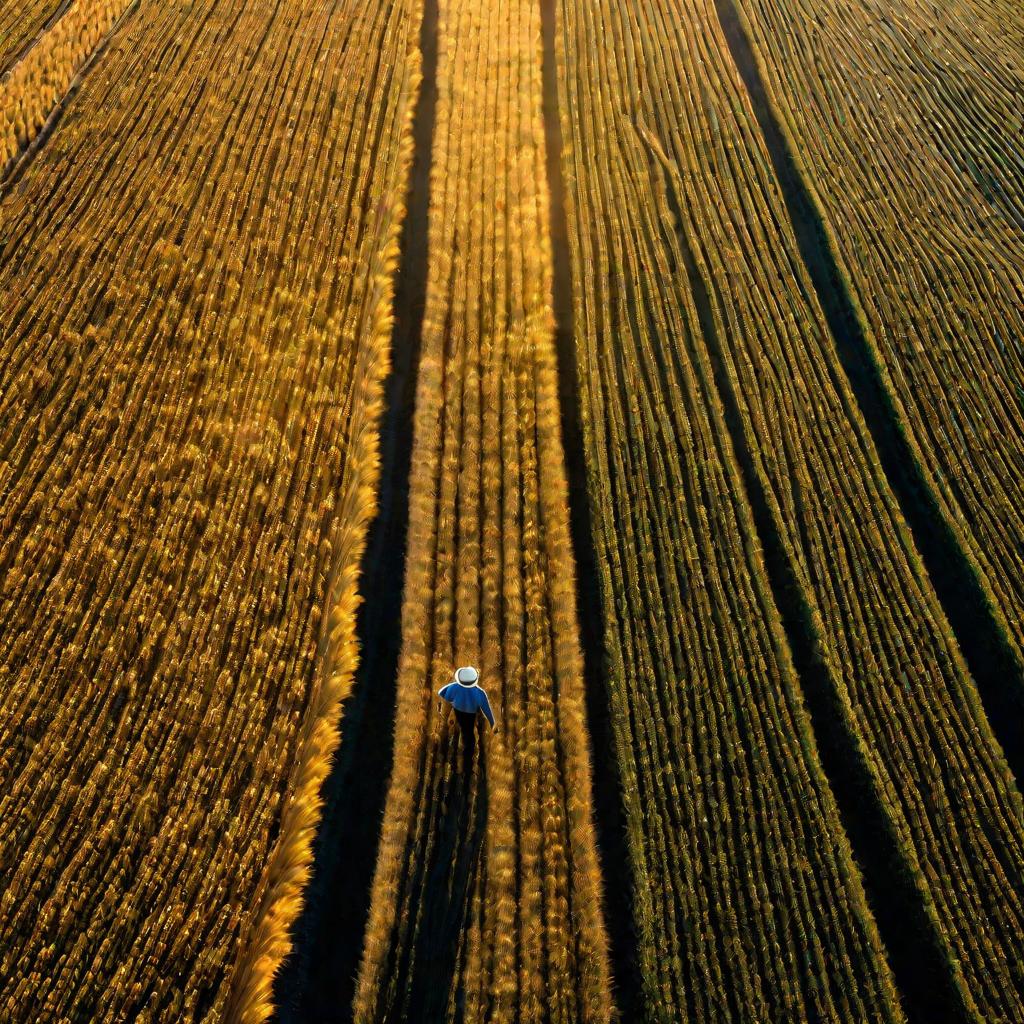 Вид сверху на фермера, идущего по полю пшеницы на рассвете. Утренний солнечный свет заливает колышущуюся перед уборкой пшеницу. Длинная тень фермера растянулась по земле в спокойном, тихом рассвете.