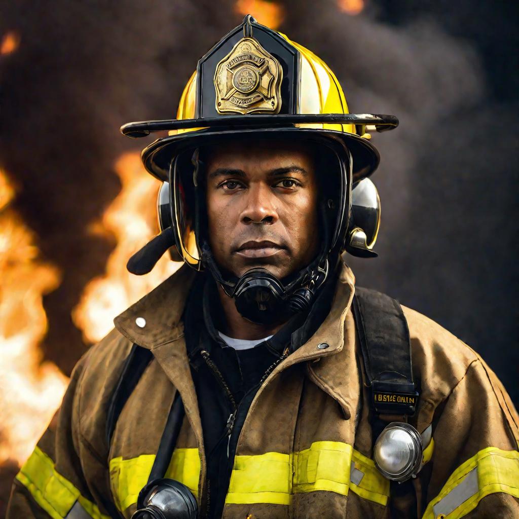 Портрет пожарного в спецодежде с символом гидранта