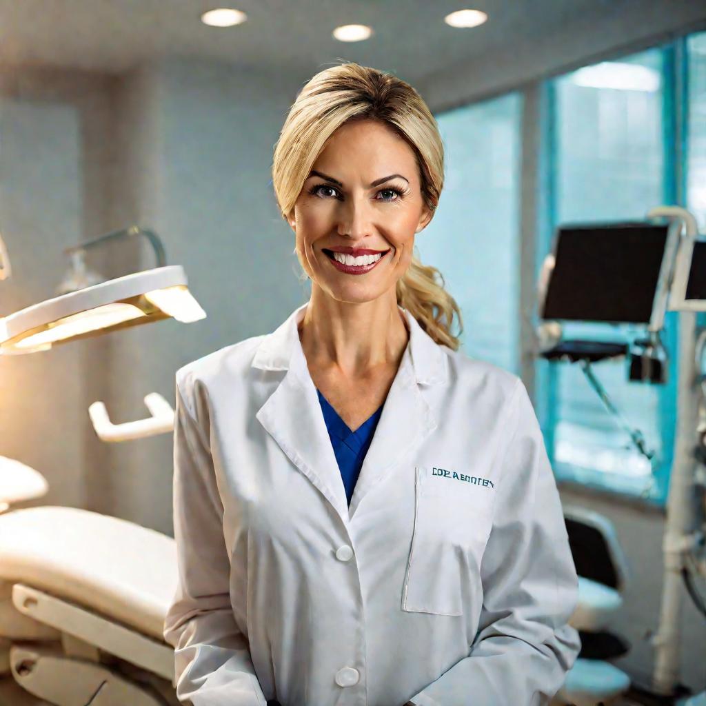 Портрет стоматолога-женщины средних лет в медицинском халате с инструментами на заднем плане.