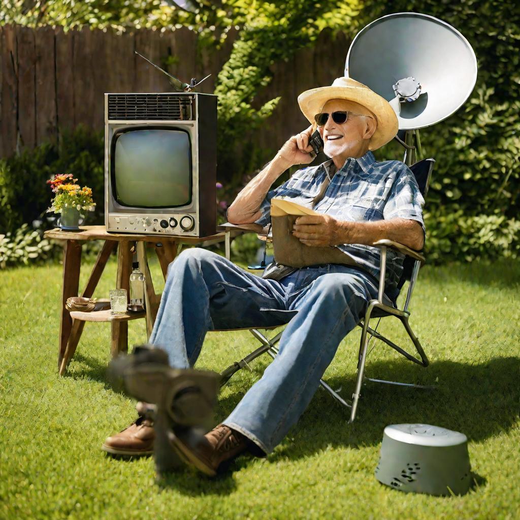 Пожилой мужчина смотрит телевизор во дворе