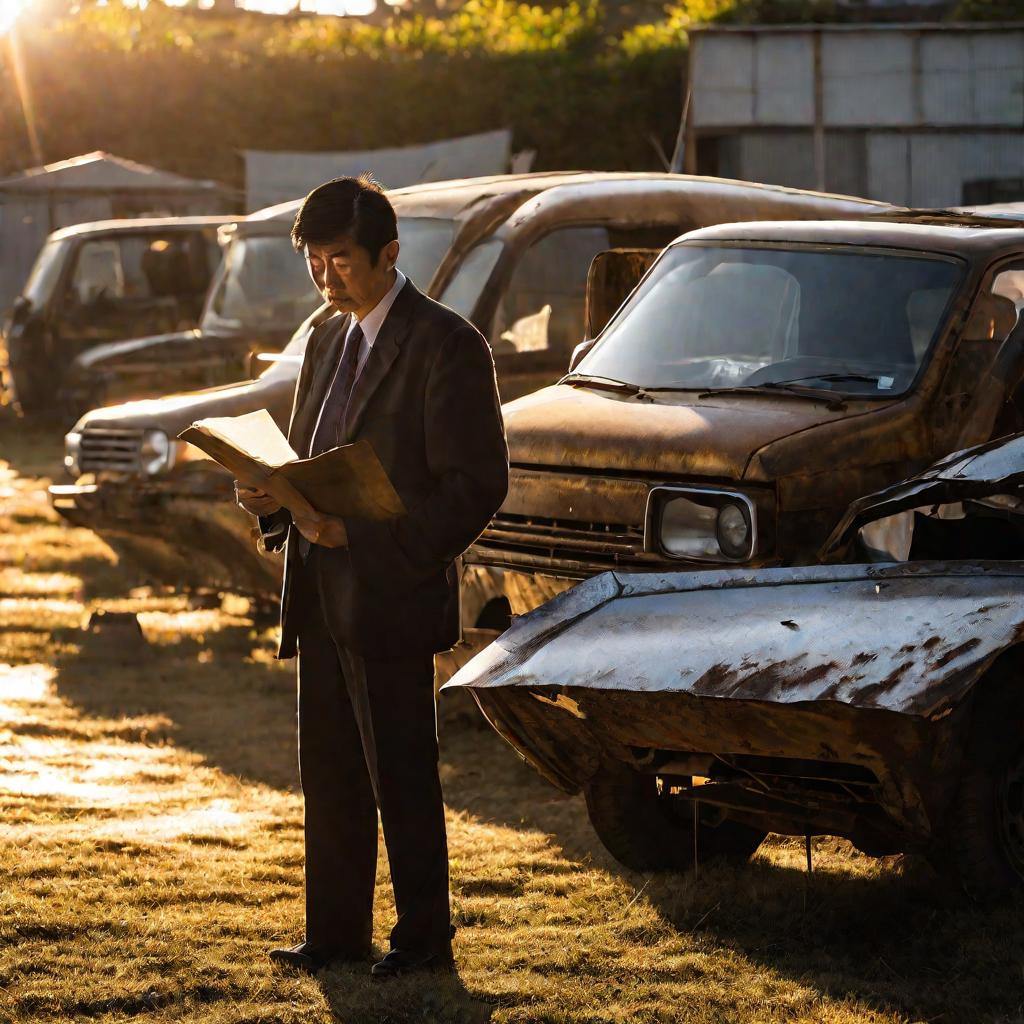 Мужчина изучает авто перед аукционом на закате