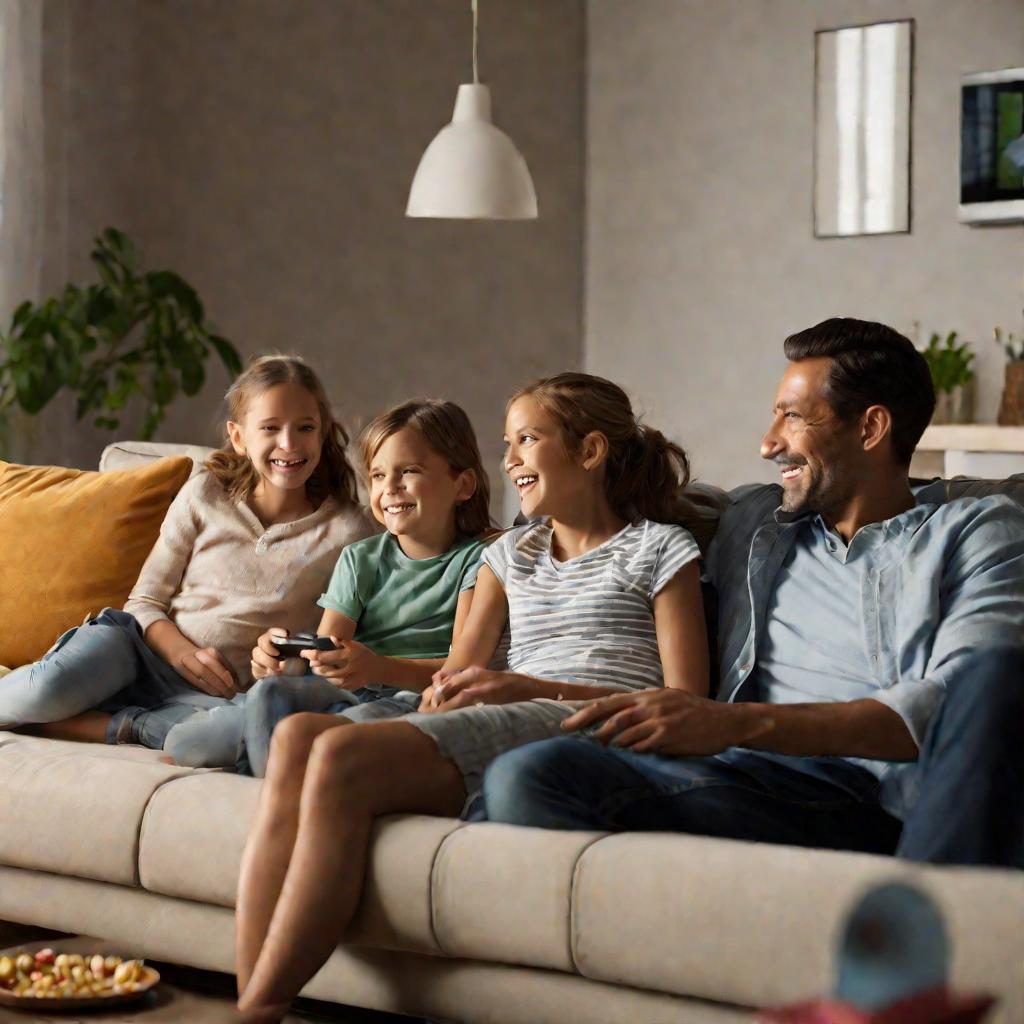 Счастливая семья смотрит цифровое ТВ МТС