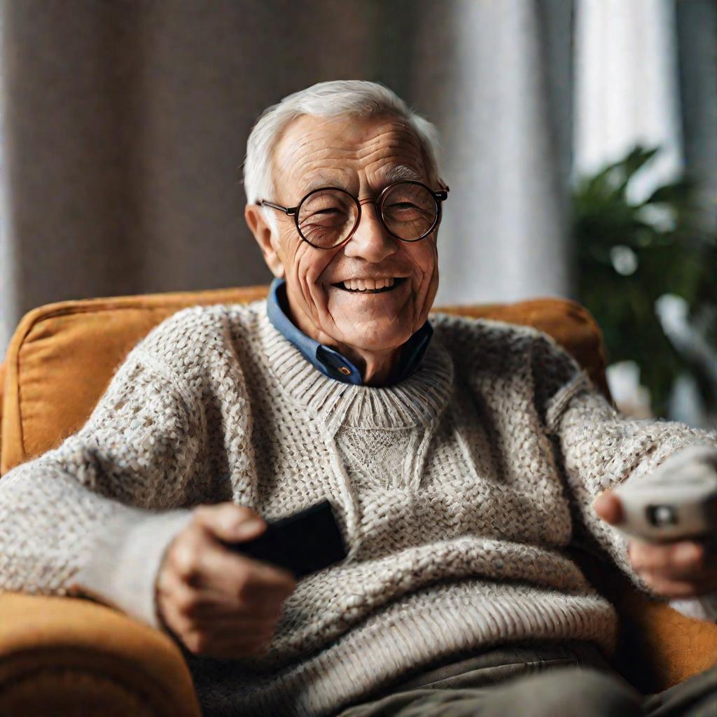 Портрет улыбающегося пожилого мужчины, смотрящего телевизор
