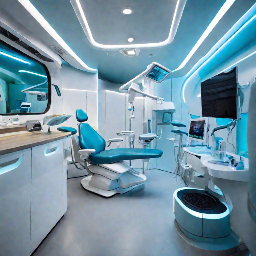Современное оборудование стоматологического кабинета внутри автобуса.