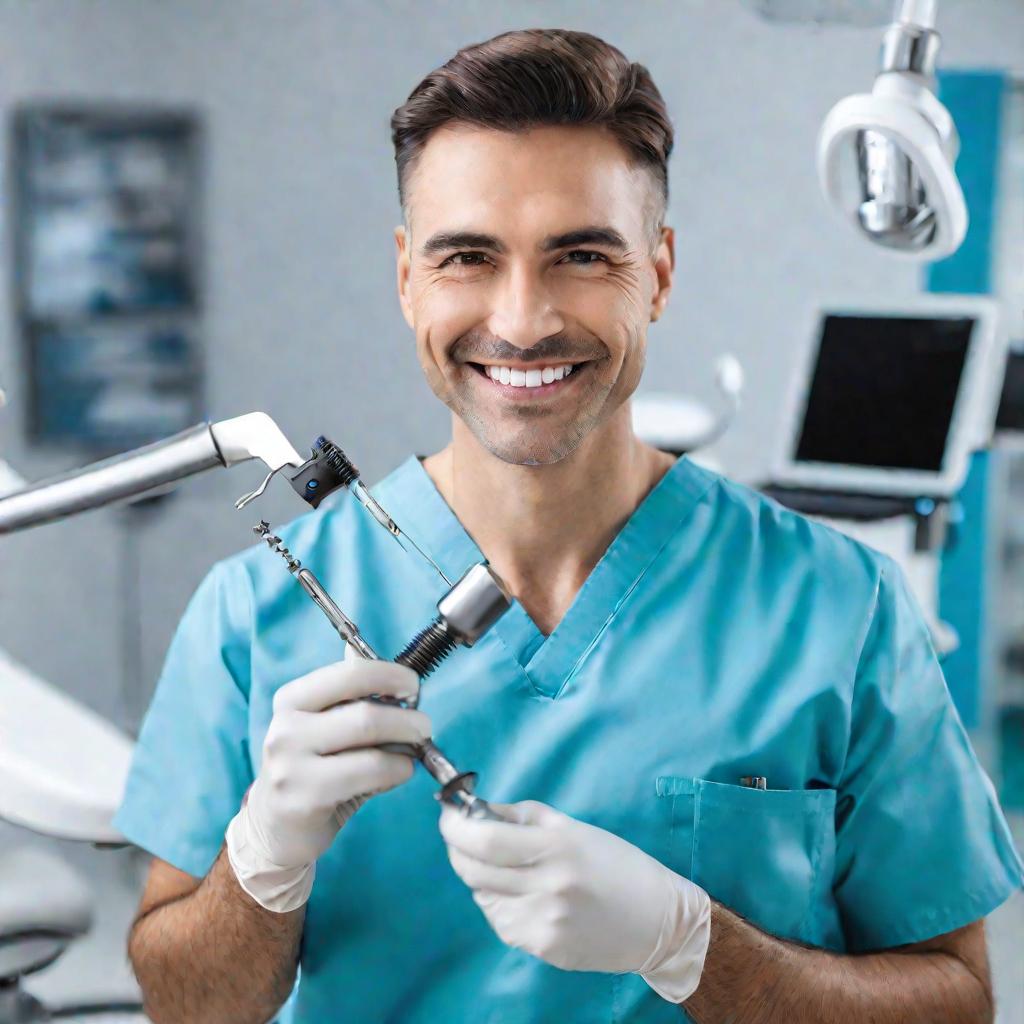 Портрет улыбающегося мужчины-стоматолога с бормашиной в руках.