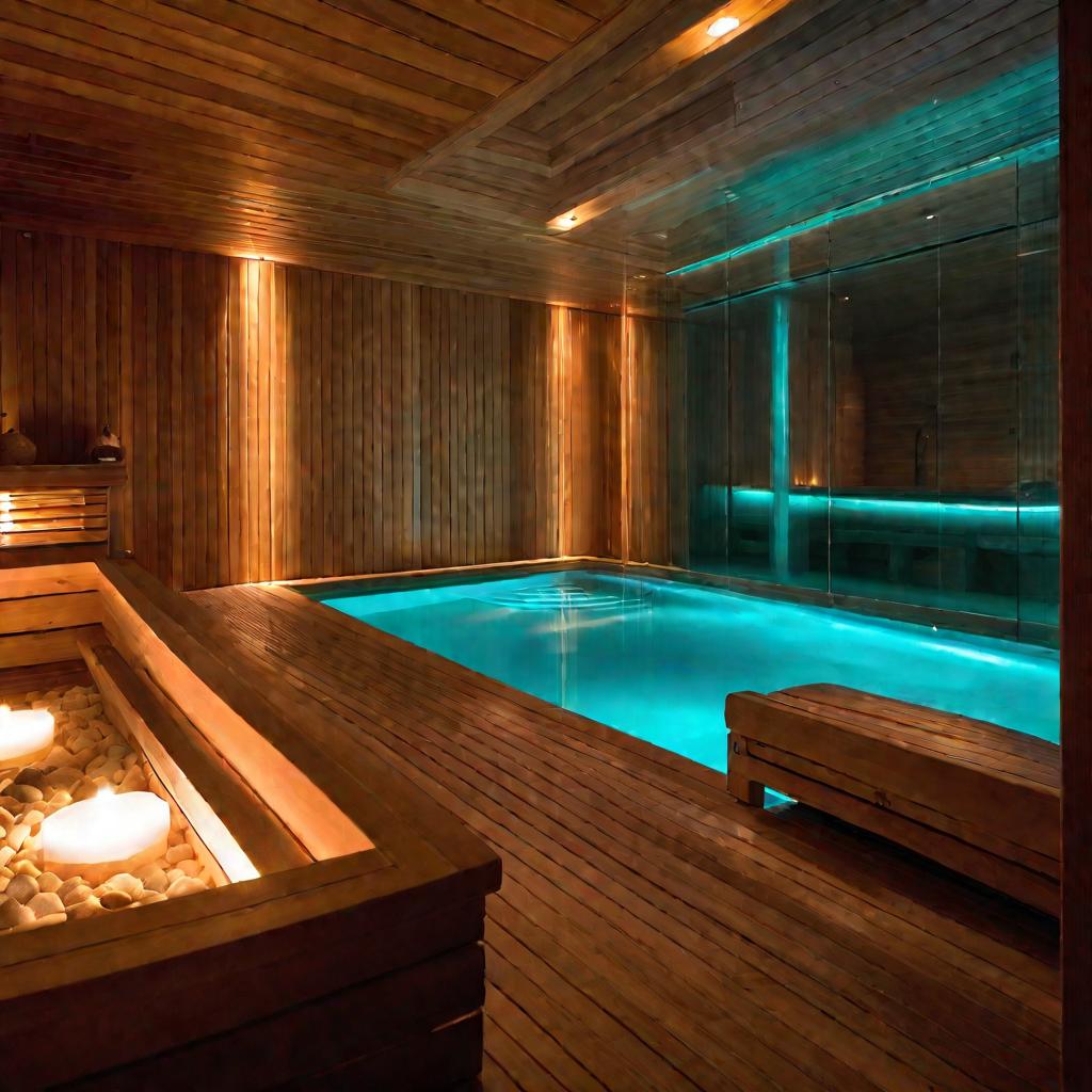 Вид интерьера роскошной сауны с деревянной обшивкой, каменными акцентами и приглушенным освещением. За стеклянной дверью виден светящийся бирюзовый бассейн. Освещение создает расслабляющую, манящую атмосферу.